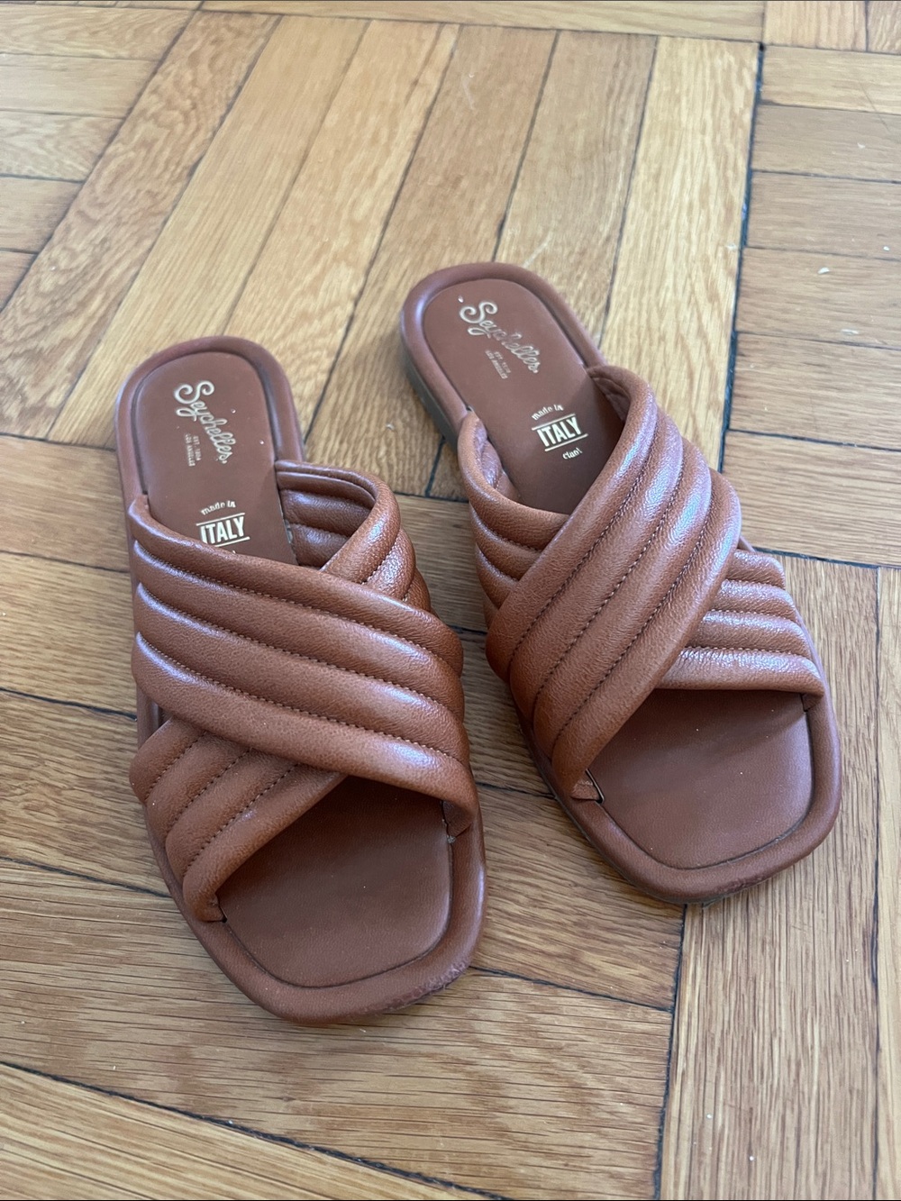 Seychelles Brown Quilted Cross-Strap Slide Sandals